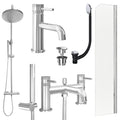 Chrome Basin Mixer Tap, Bath Shower Mixer and Rigid Shower with Universal Basin and Bath Waste and Radius Bath Screen