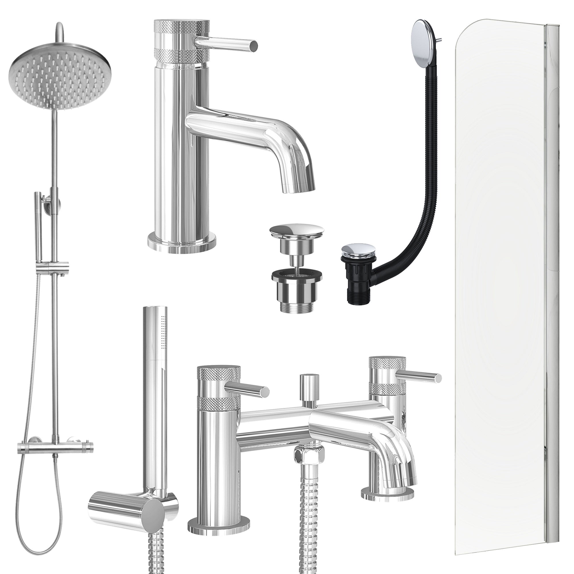 Chrome Basin Mixer Tap, Bath Shower Mixer and Rigid Shower with Universal Basin and Bath Waste and Radius Bath Screen