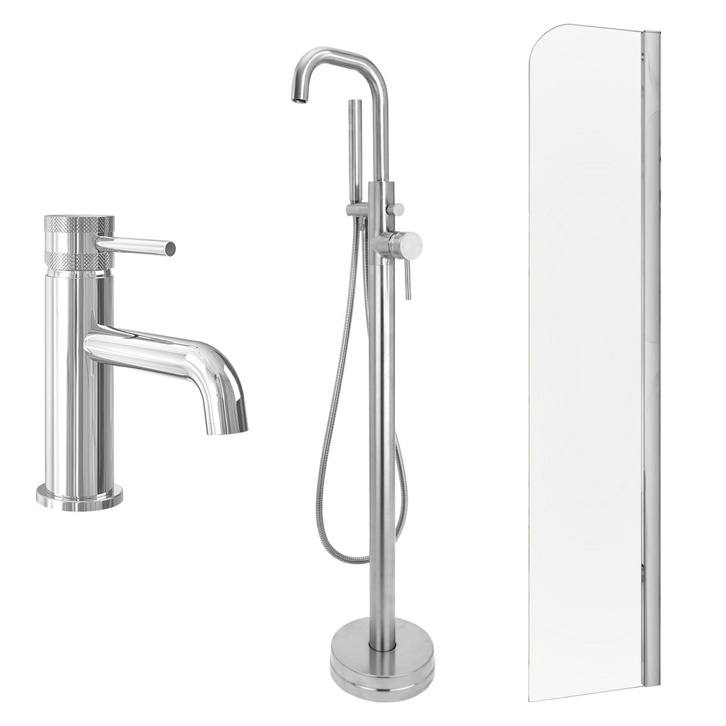 Chrome Basin Mixer and Freestanding Bath Shower Mixer and Radius Bath Screen