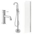 Chrome Basin Mixer and Freestanding Bath Shower Mixer and Radius Bath Screen