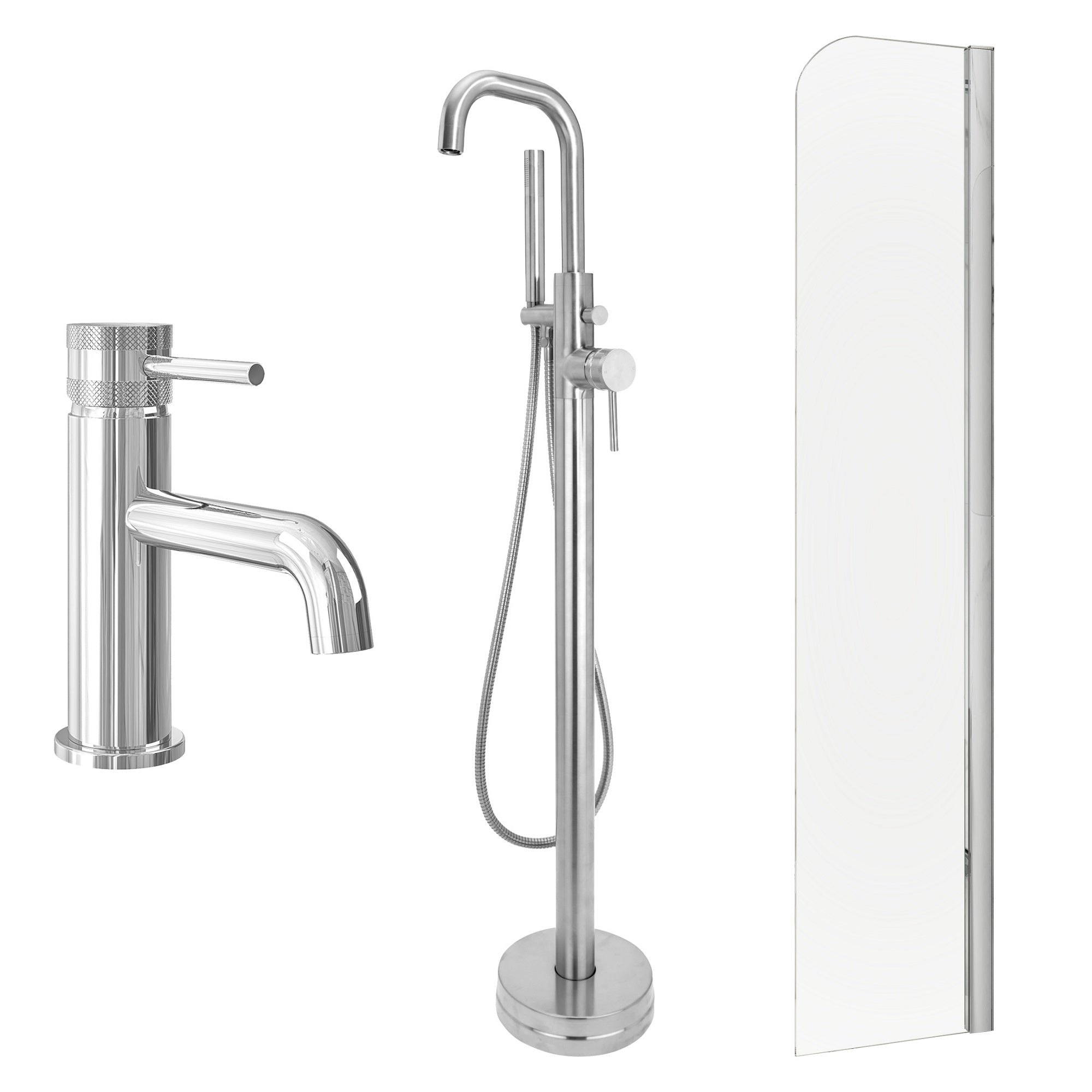 Chrome Basin Mixer and Freestanding Bath Shower Mixer and Radius Bath Screen
