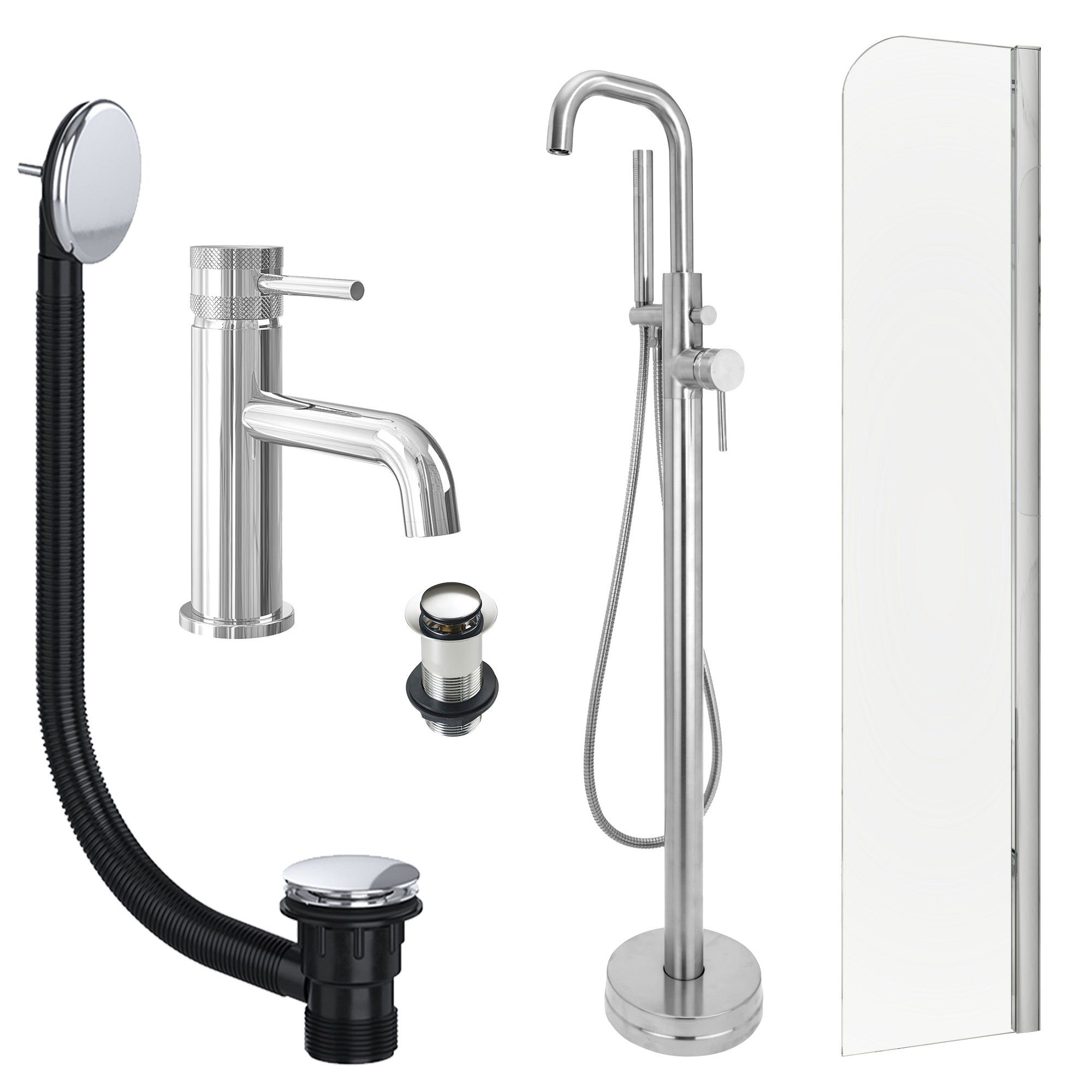 Chrome Basin Mixer and Freestanding Bath Shower Mixer and Unslotted Basin and Bath Waste and Radius Bath Screen