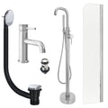 Chrome Basin Mixer and Freestanding Bath Shower Mixer and Slotted Basin and Bath Waste and Radius Bath Screen
