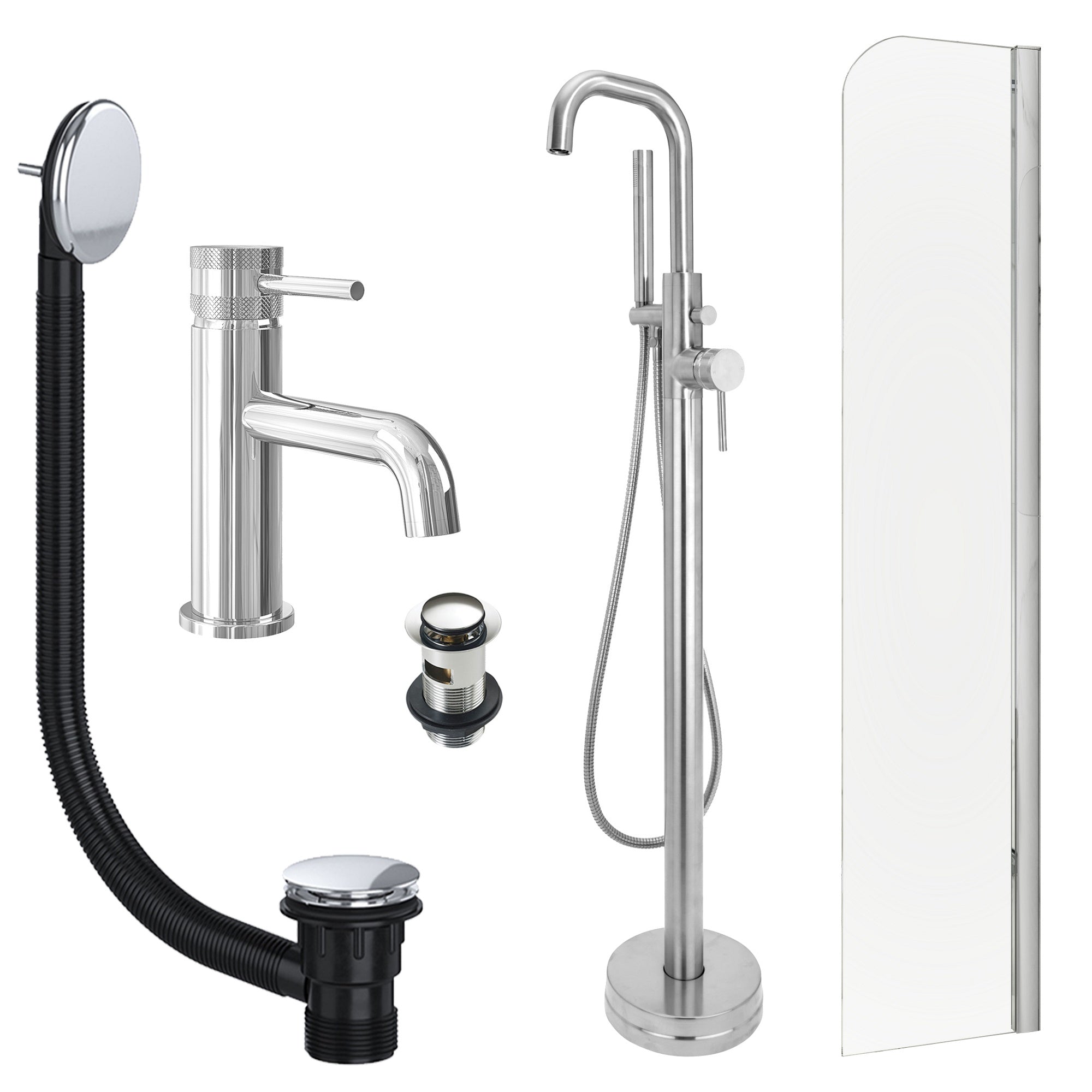 Chrome Basin Mixer and Freestanding Bath Shower Mixer and Slotted Basin and Bath Waste and Radius Bath Screen