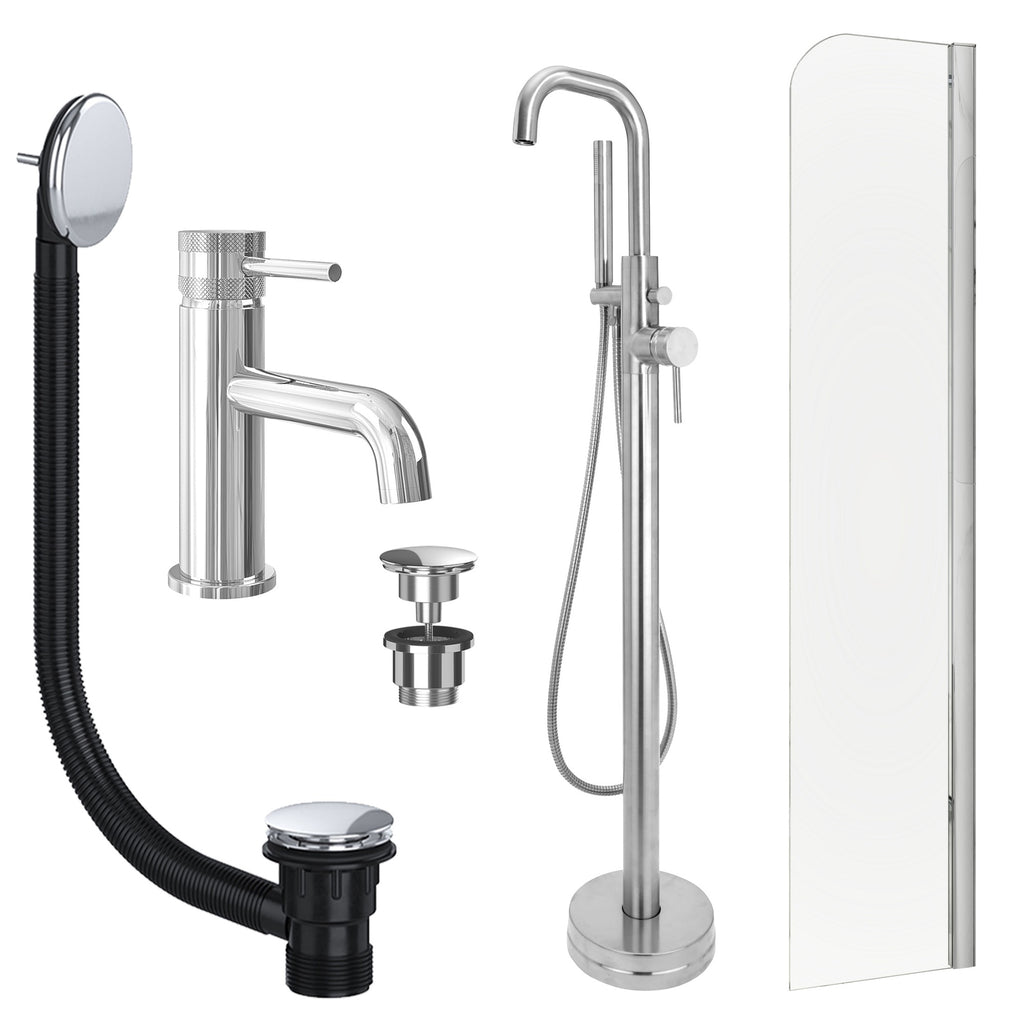Chrome Basin Mixer and Freestanding Bath Shower Mixer and Universal Basin and Bath Waste and Radius Bath Screen