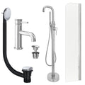 Chrome Basin Mixer and Freestanding Bath Shower Mixer and Universal Basin and Bath Waste and Radius Bath Screen