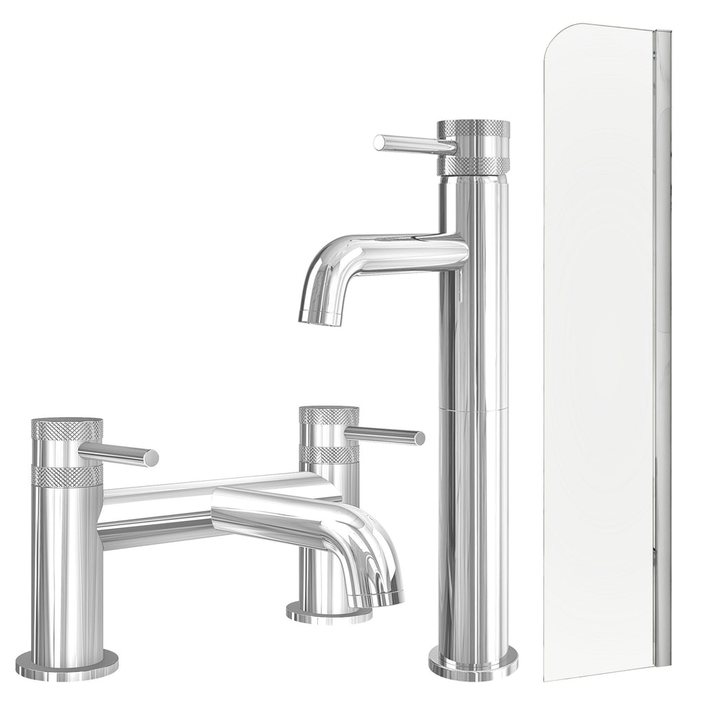 Chrome Tall Basin Mixer Tap with Bath Filler and Radius Bath Screen