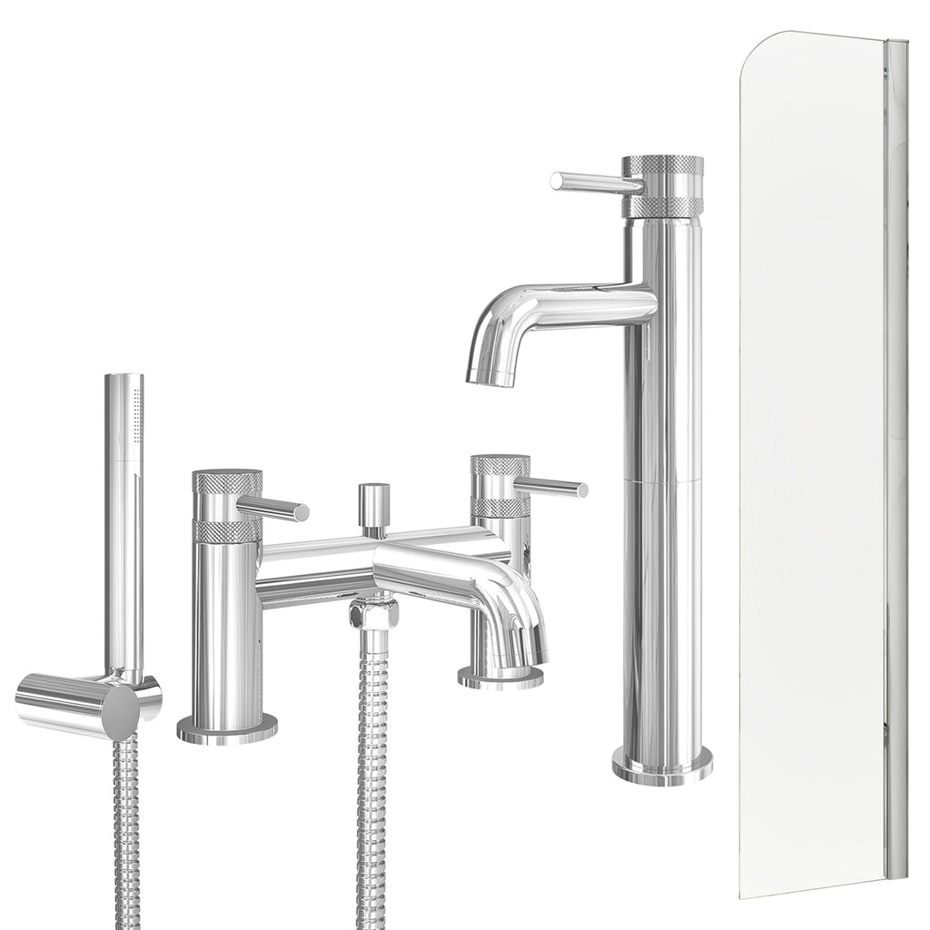 Chrome Tall Basin Mixer Tap, Bath Shower Mixer and Radius Bath Screen