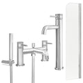 Chrome Tall Basin Mixer Tap, Bath Shower Mixer and Radius Bath Screen