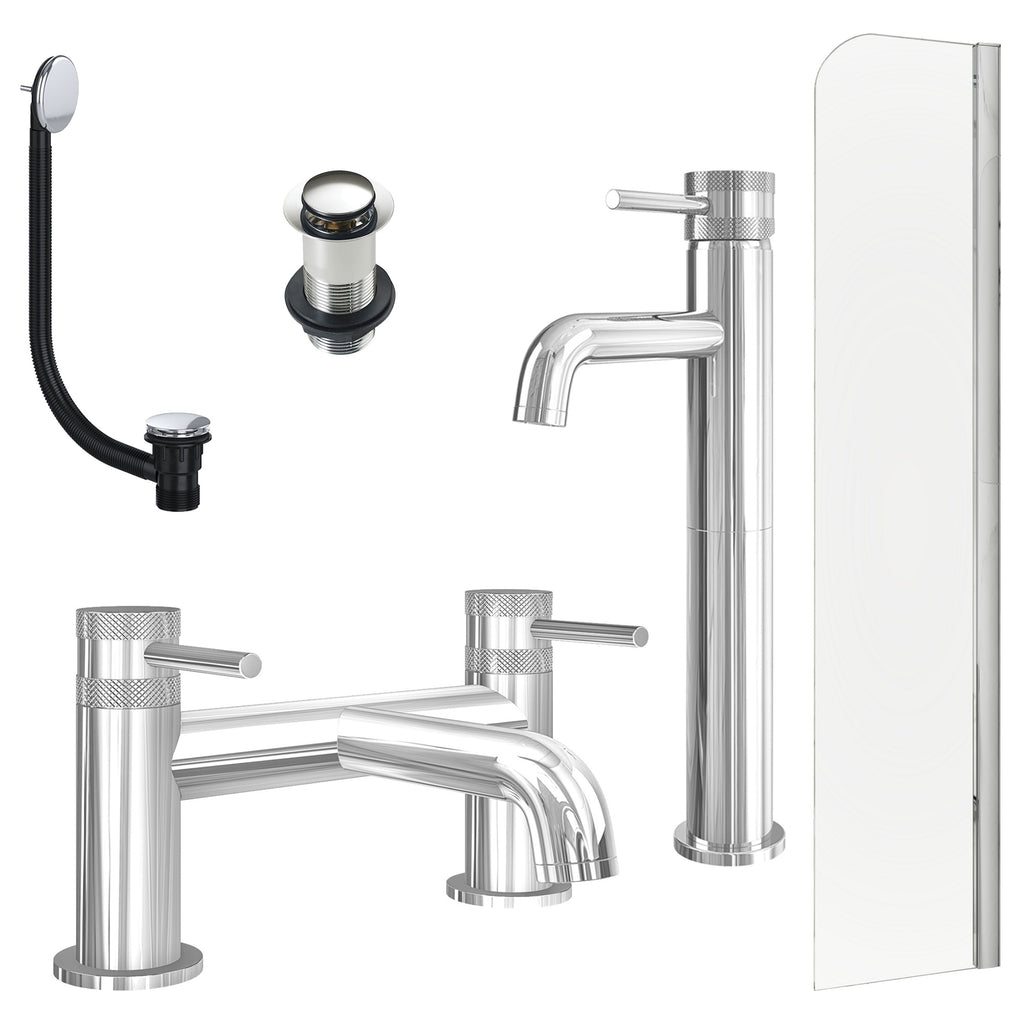 Chrome Tall Basin Mixer Tap, Bath Filler with Unslotted Basin and Bath Waste and Radius Bath Screen