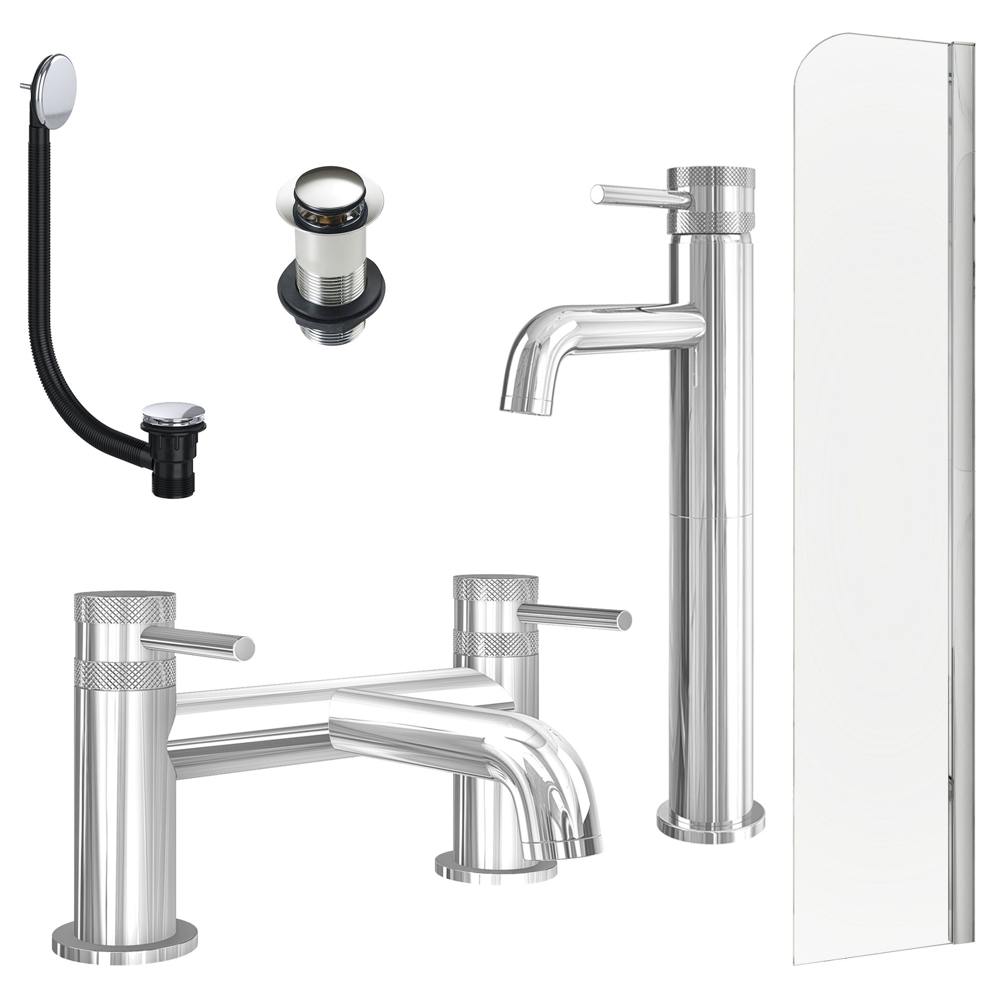Chrome Tall Basin Mixer Tap, Bath Filler with Unslotted Basin and Bath Waste and Radius Bath Screen