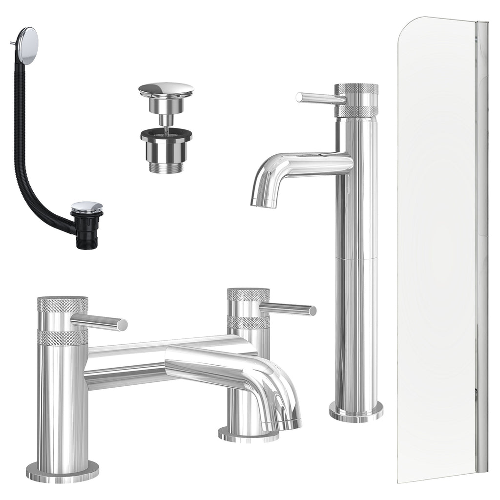 Chrome Tall Basin Mixer Tap, Bath Filler with Universal Basin and Bath Waste and Radius Bath Screen