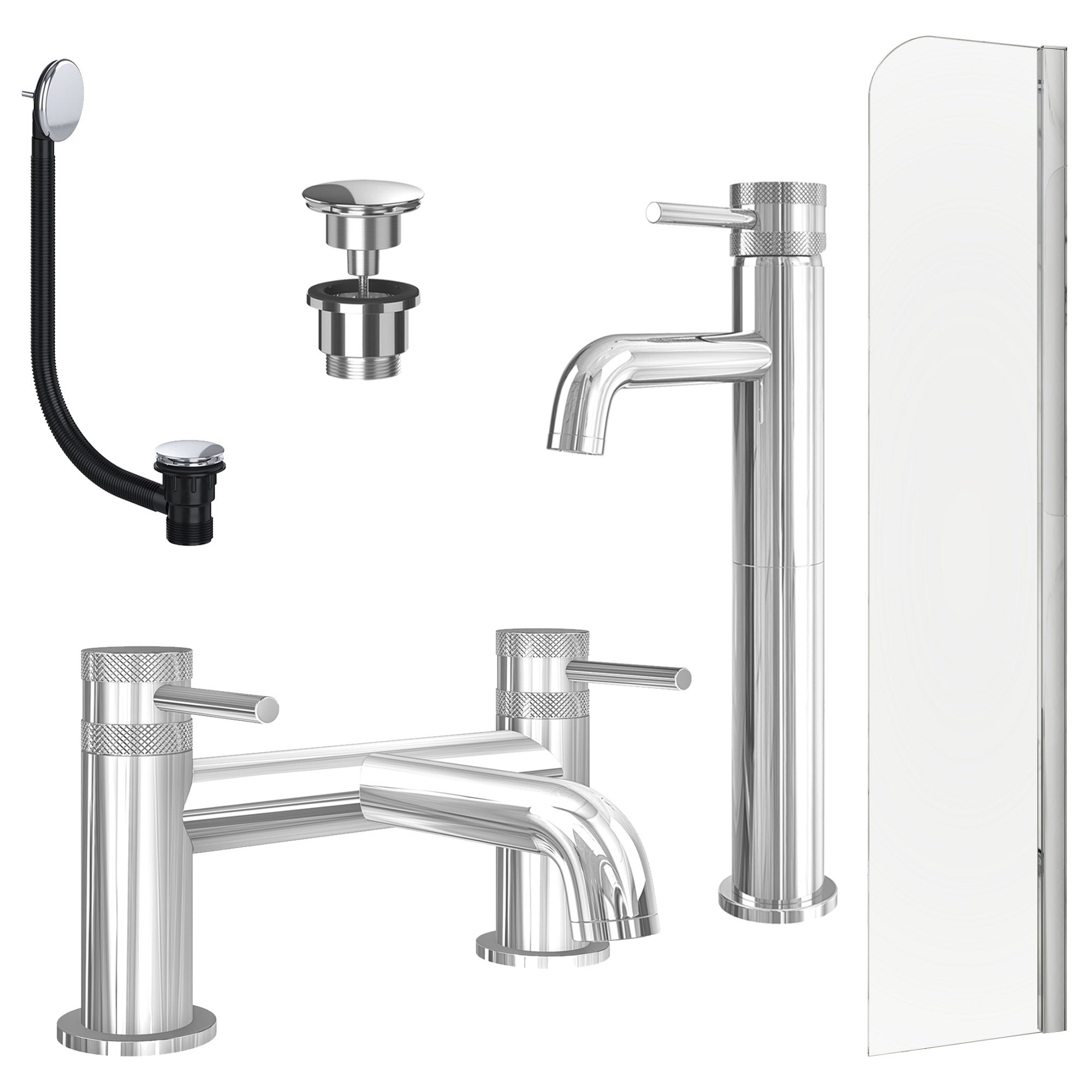 Chrome Tall Basin Mixer Tap, Bath Filler with Universal Basin and Bath Waste and Radius Bath Screen