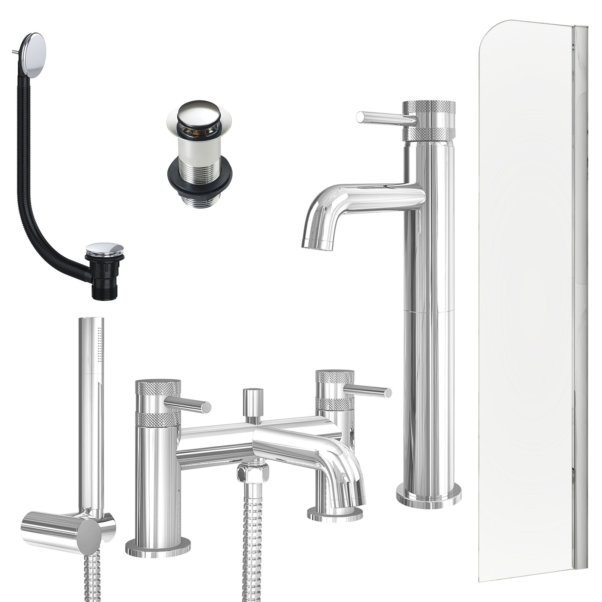 Chrome Tall Basin Mixer Tap, Bath Shower Mixer with Unslotted Basin and Bath Waste and Radius Bath Screen