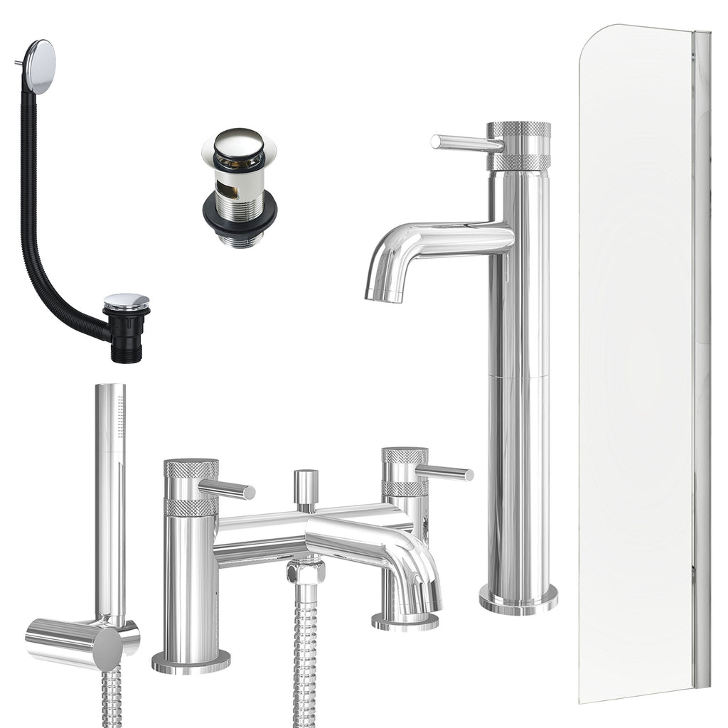 Chrome Tall Basin Mixer Tap, Bath Shower Mixer with Slotted Basin and Bath Waste and Radius Bath Screen