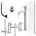 Chrome Tall Basin Mixer Tap, Bath Shower Mixer with Slotted Basin and Bath Waste and Radius Bath Screen