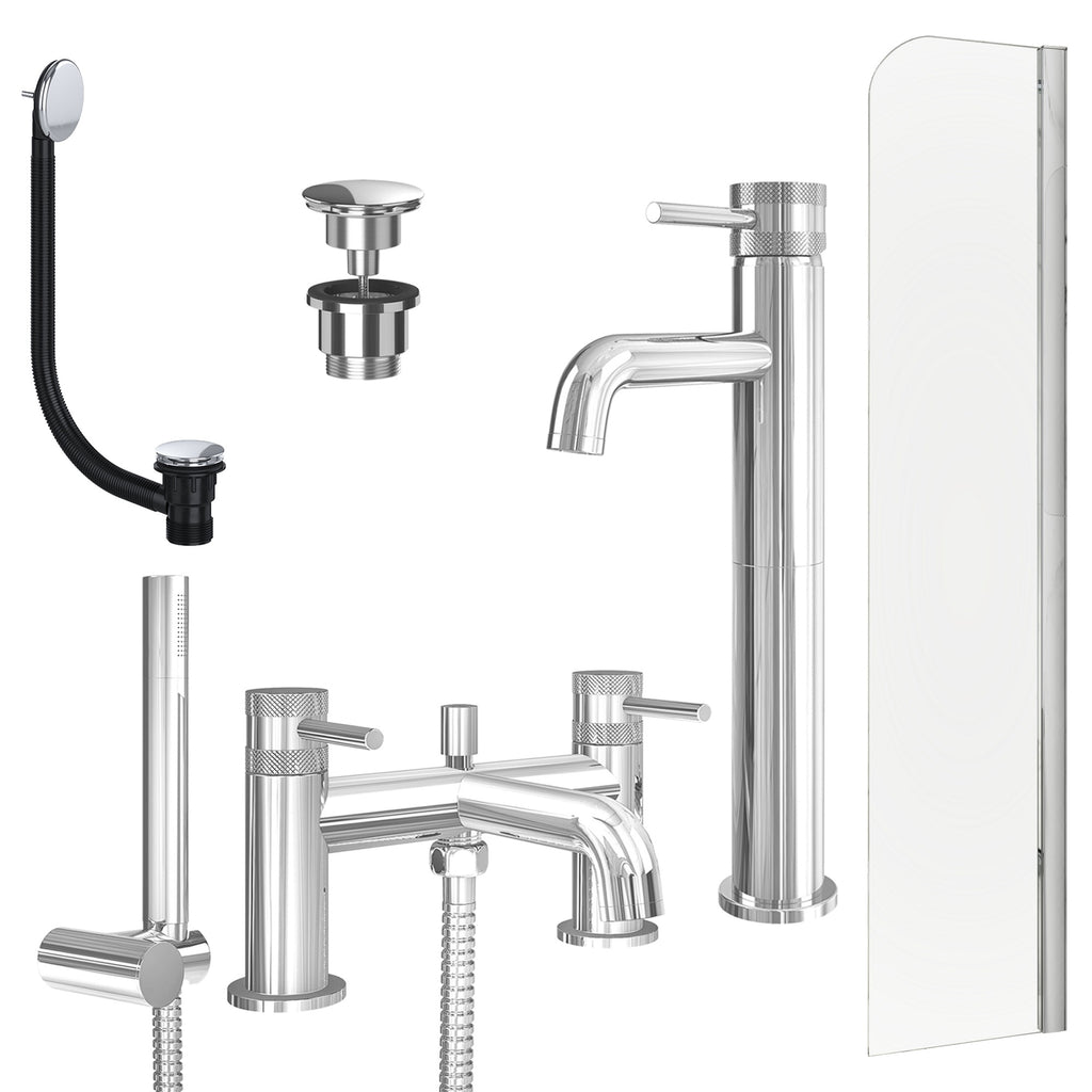 Chrome Tall Basin Mixer Tap, Bath Shower Mixer with Universal Basin and Bath Waste and Radius Bath Screen