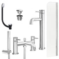 Chrome Tall Basin Mixer Tap, Bath Shower Mixer with Universal Basin and Bath Waste and Radius Bath Screen