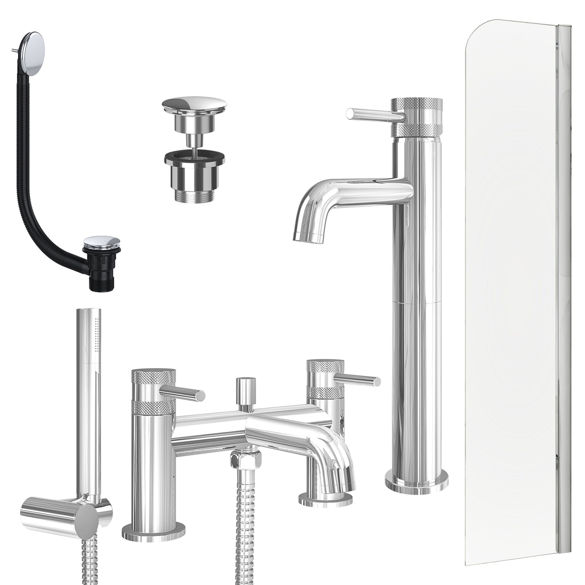Chrome Tall Basin Mixer Tap, Bath Shower Mixer with Universal Basin and Bath Waste and Radius Bath Screen