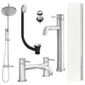Chrome Tall Basin Mixer Tap, Bath Filler and Rigid Shower with Unslotted Basin and Bath Waste and Radius Bath Screen