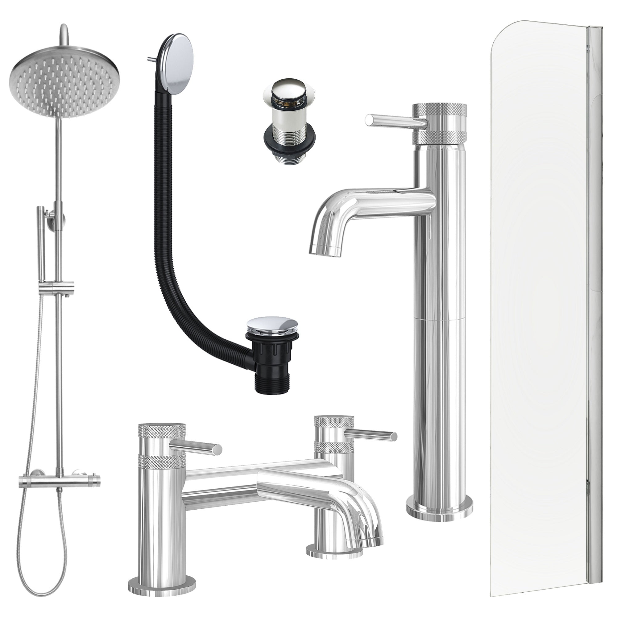Chrome Tall Basin Mixer Tap, Bath Filler and Rigid Shower with Unslotted Basin and Bath Waste and Radius Bath Screen