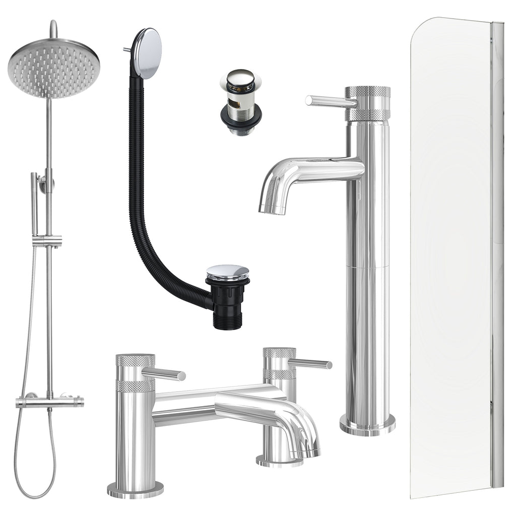 Chrome Tall Basin Mixer Tap, Bath Filler and Rigid Shower with Slotted Basin and Bath Waste and Radius Bath Screen