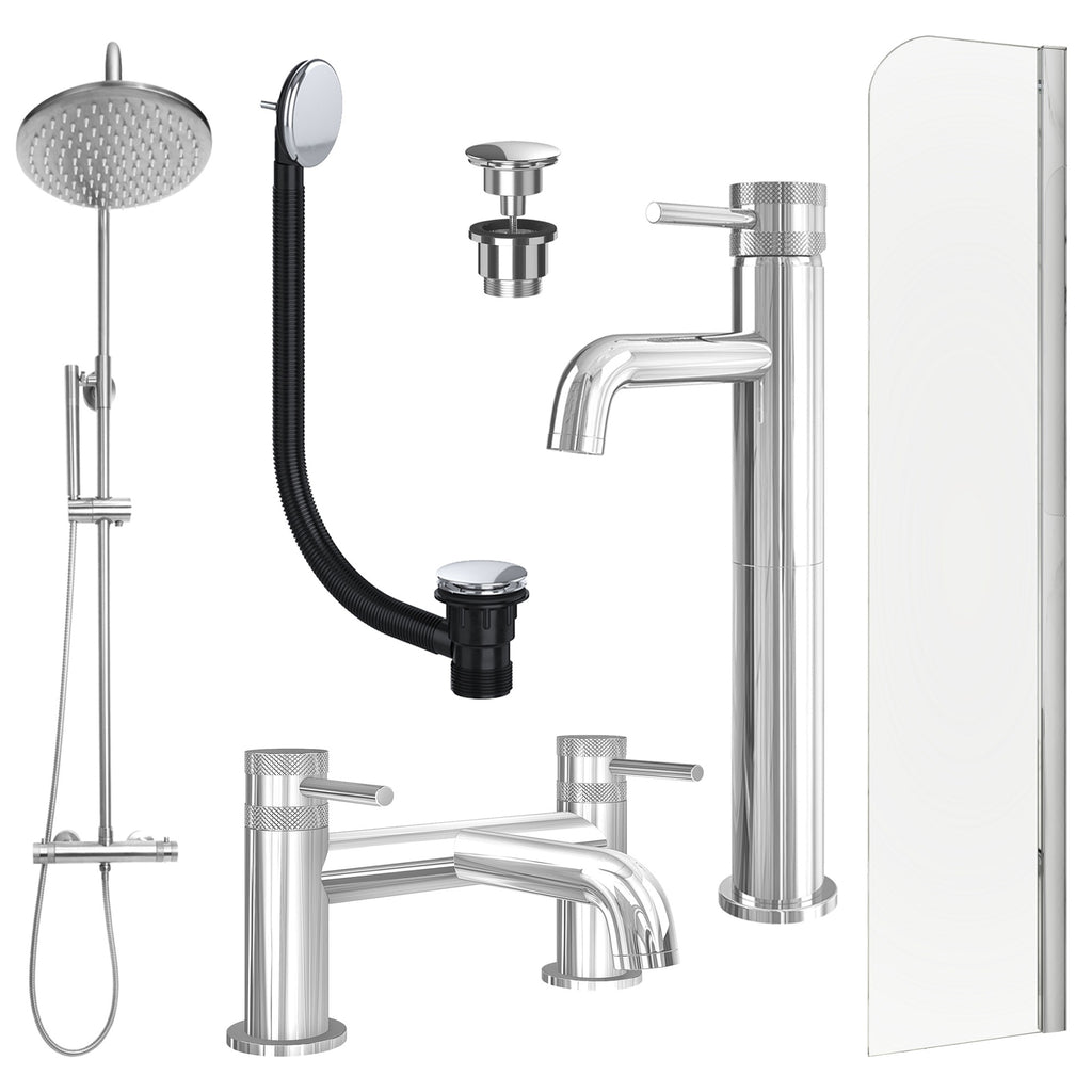 Chrome Tall Basin Mixer Tap, Bath Filler and Rigid Shower with Universal Basin and Bath Waste and Radius Bath Screen