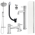 Chrome Tall Basin Mixer Tap, Bath Filler and Rigid Shower with Universal Basin and Bath Waste and Radius Bath Screen