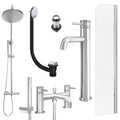 Chrome Tall Basin Mixer Tap, Bath Shower Mixer and Rigid Shower with Unslotted Basin and Bath Waste and Radius Bath Screen