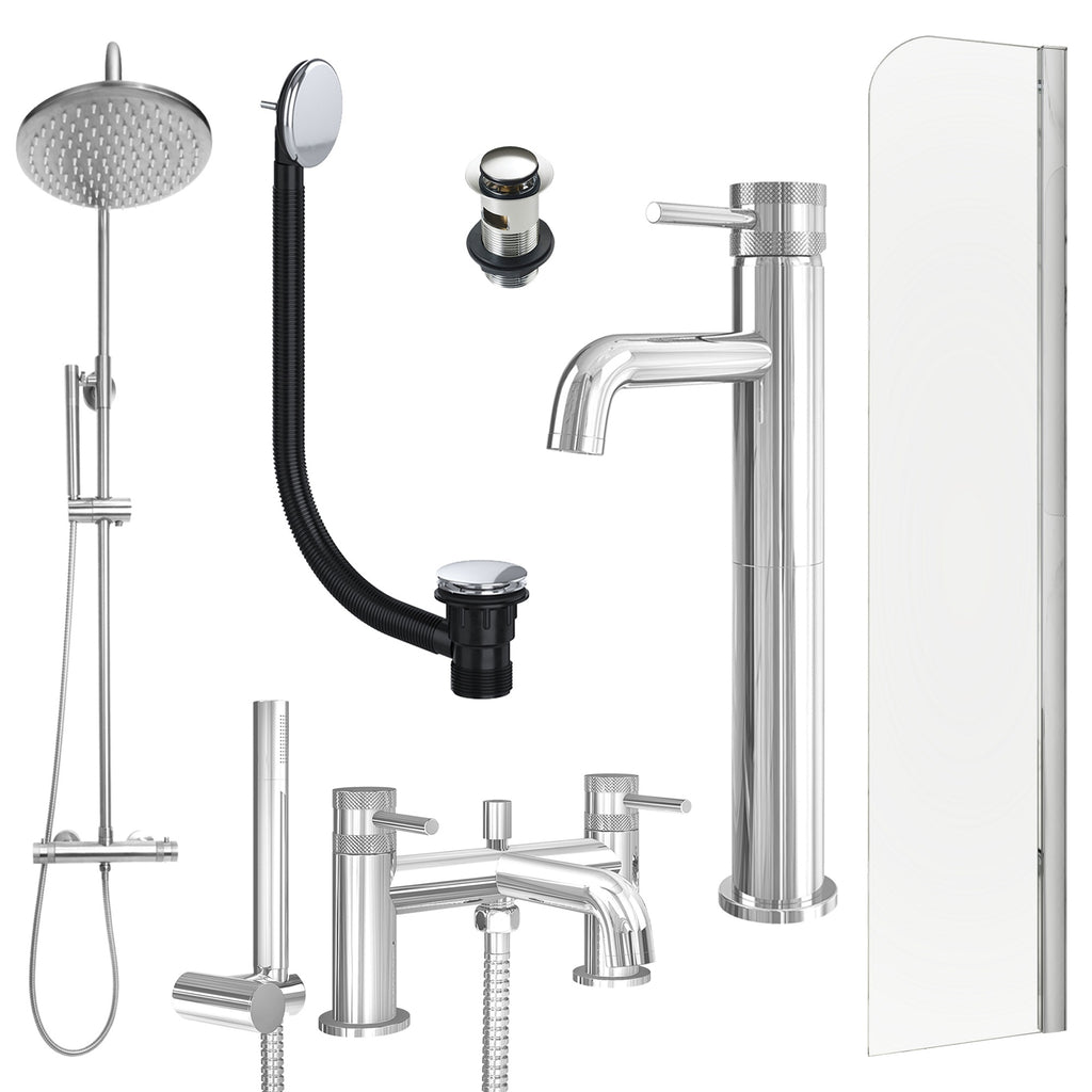 Chrome Tall Basin Mixer Tap, Bath Shower Mixer and Rigid Shower with Slotted Basin and Bath Waste and Radius Bath Screen