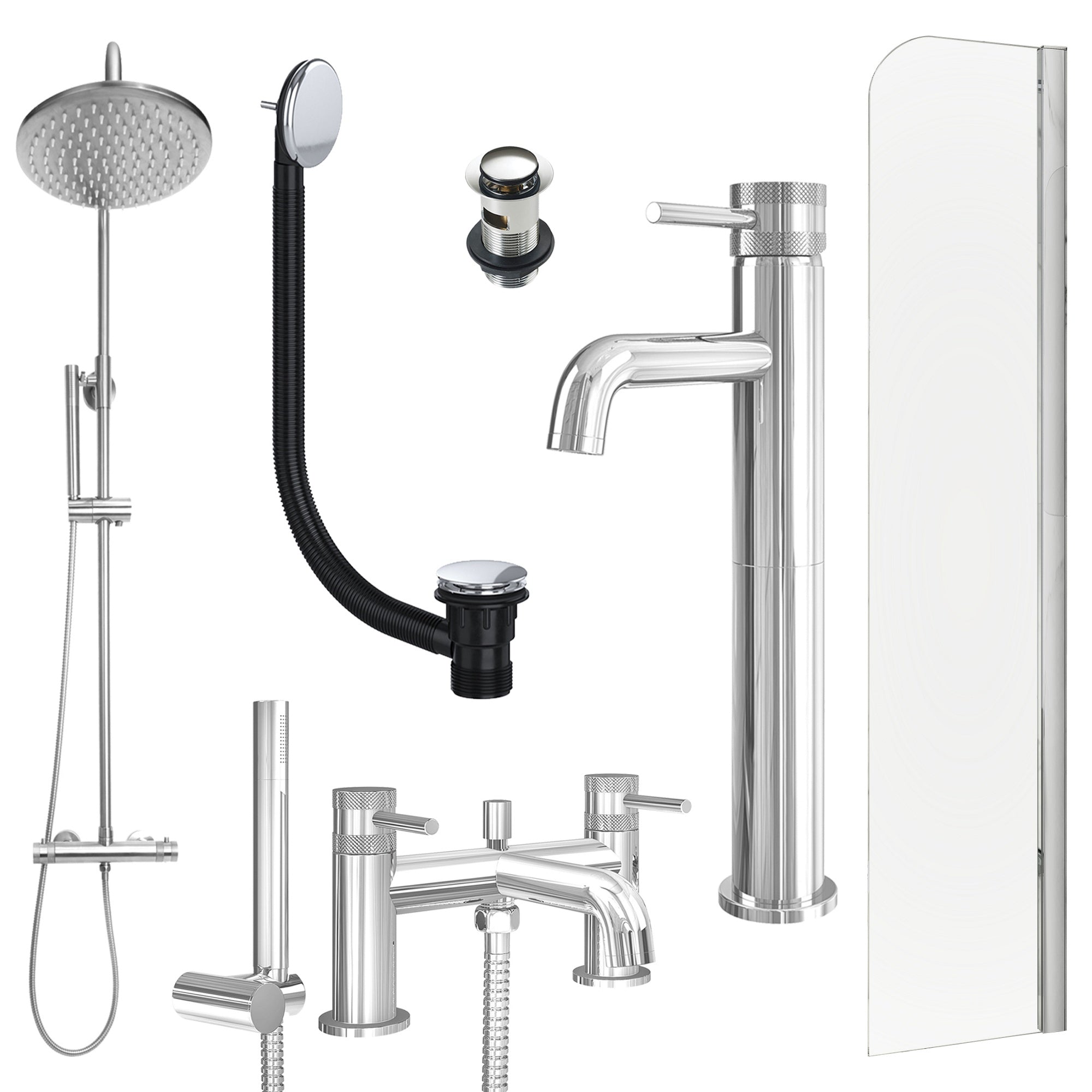 Chrome Tall Basin Mixer Tap, Bath Shower Mixer and Rigid Shower with Slotted Basin and Bath Waste and Radius Bath Screen