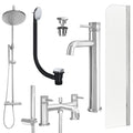 Chrome Tall Basin Mixer Tap, Bath Shower Mixer and Rigid Shower with Universal Basin and Bath Waste and Radius Bath Screen