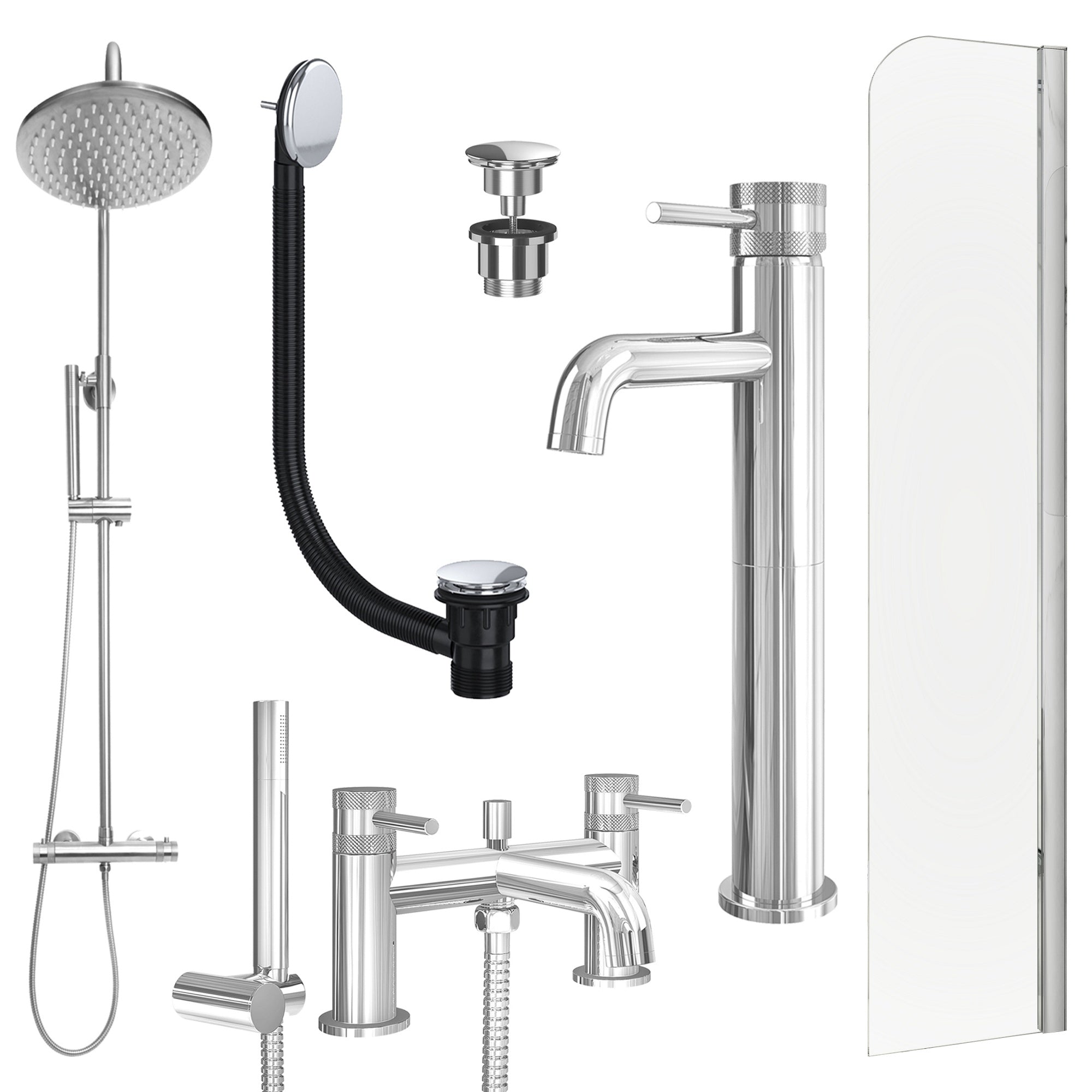 Chrome Tall Basin Mixer Tap, Bath Shower Mixer and Rigid Shower with Universal Basin and Bath Waste and Radius Bath Screen
