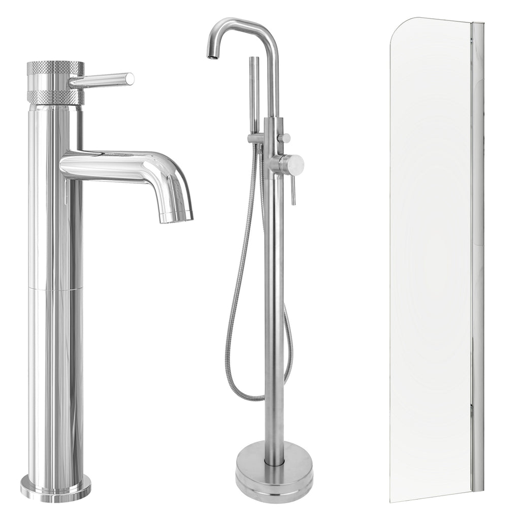Chrome Tall Basin Mixer Tap, Freestanding Bath Shower Mixer and Radius Bath Screen