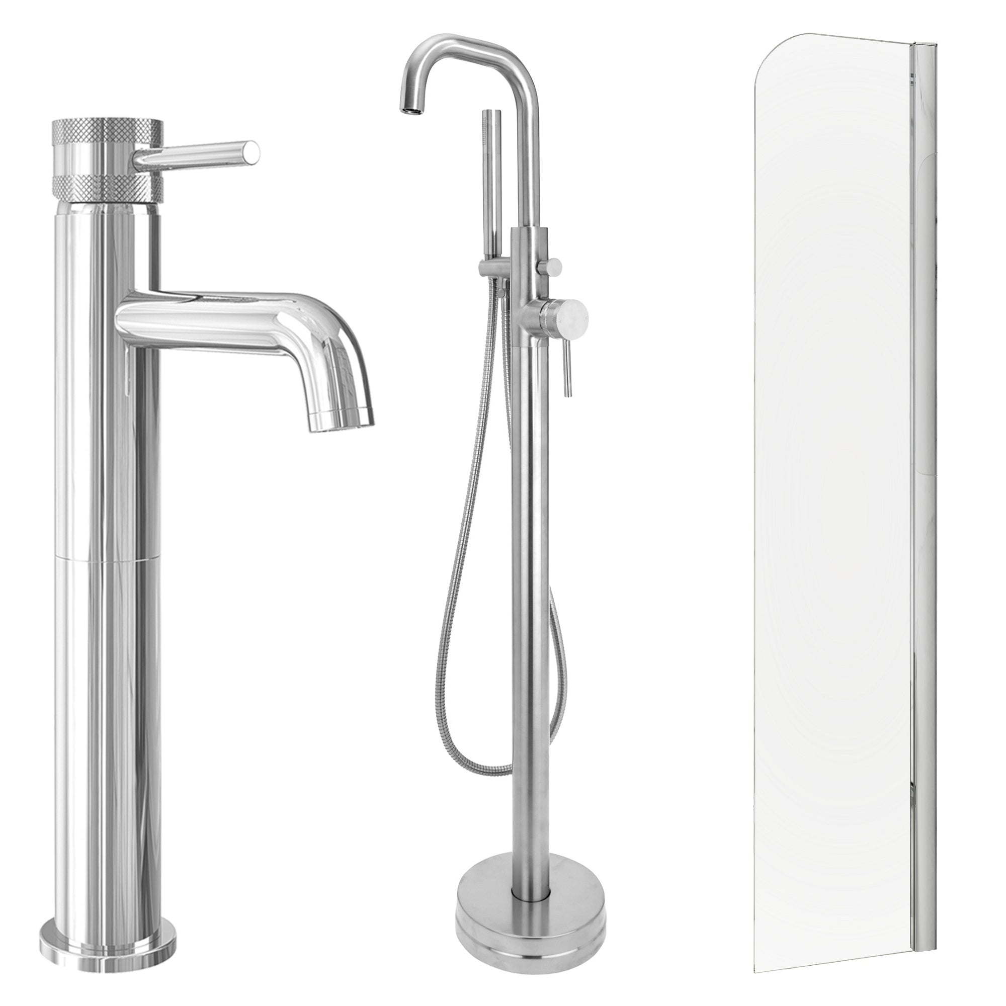 Chrome Tall Basin Mixer Tap, Freestanding Bath Shower Mixer and Radius Bath Screen