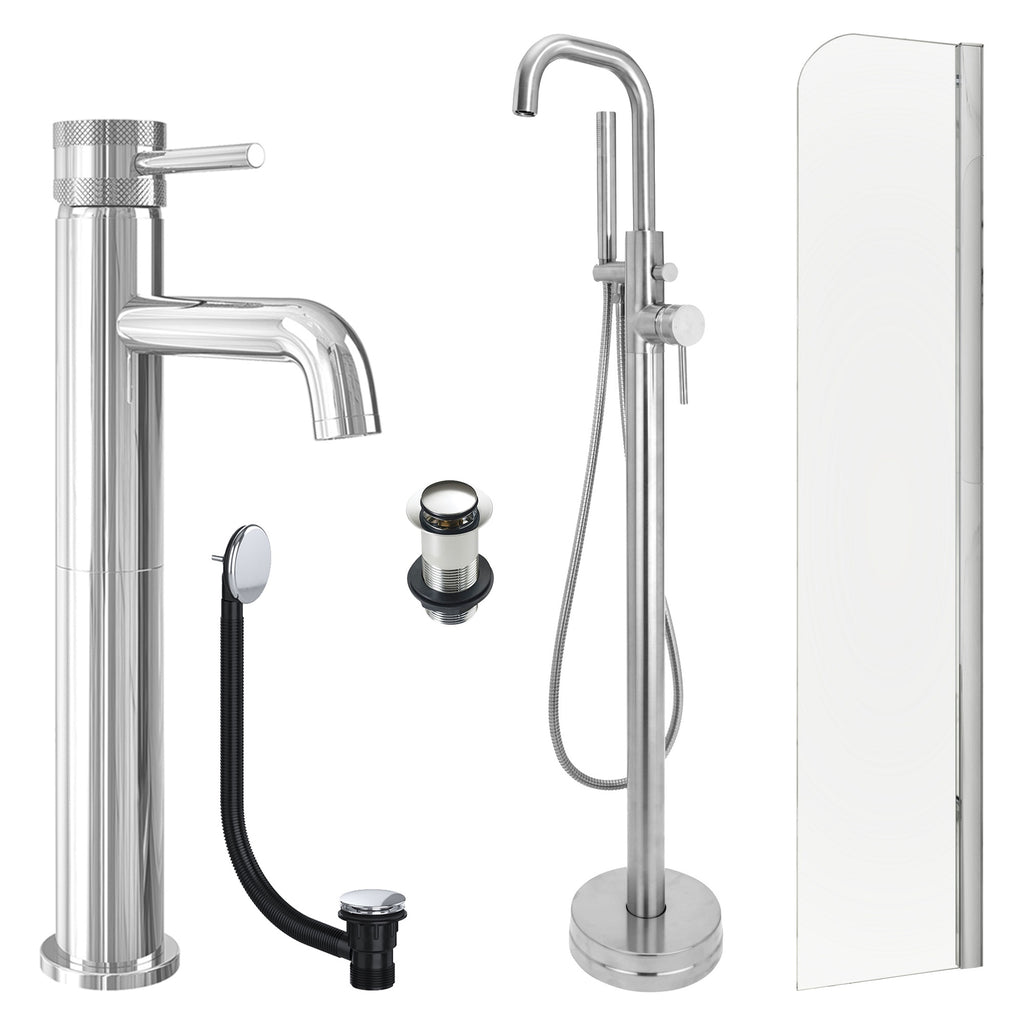 Chrome Tall Basin Mixer Tap, Freestanding Bath Shower Mixer and Unslotted Basin and Bath Waste and Radius Bath Screen