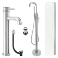 Chrome Tall Basin Mixer Tap, Freestanding Bath Shower Mixer and Unslotted Basin and Bath Waste and Radius Bath Screen