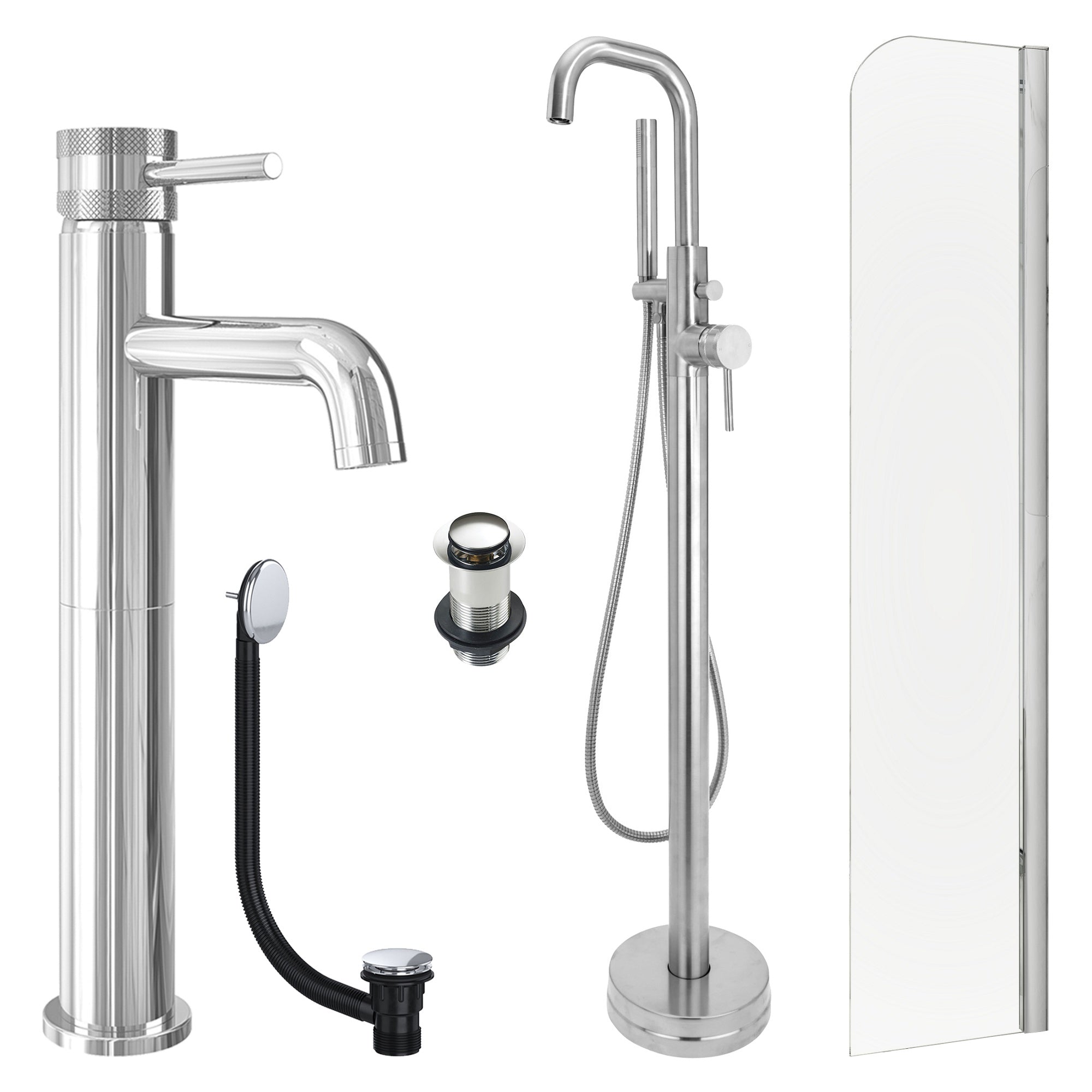 Chrome Tall Basin Mixer Tap, Freestanding Bath Shower Mixer and Unslotted Basin and Bath Waste and Radius Bath Screen