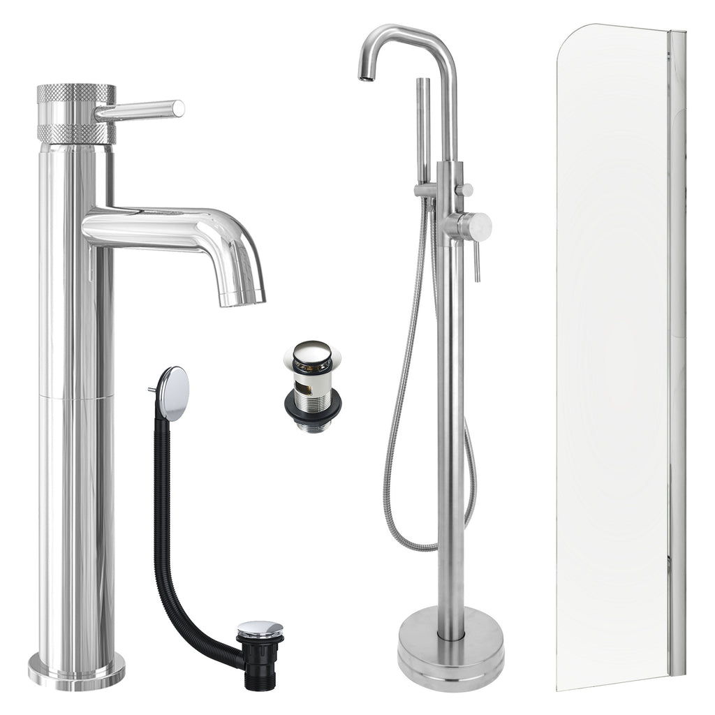 Chrome Tall Basin Mixer Tap, Freestanding Bath Shower Mixer and Slotted Basin and Bath Waste and Radius Bath Screen