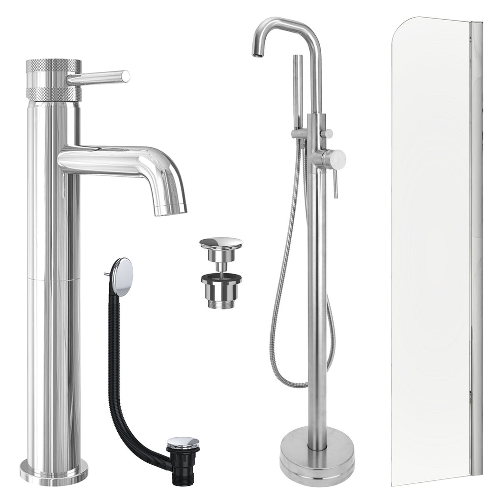 Chrome Tall Basin Mixer Tap, Freestanding Bath Shower Mixer and Universal Basin and Bath Waste and Radius Bath Screen