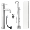 Chrome Tall Basin Mixer Tap, Freestanding Bath Shower Mixer and Universal Basin and Bath Waste and Radius Bath Screen