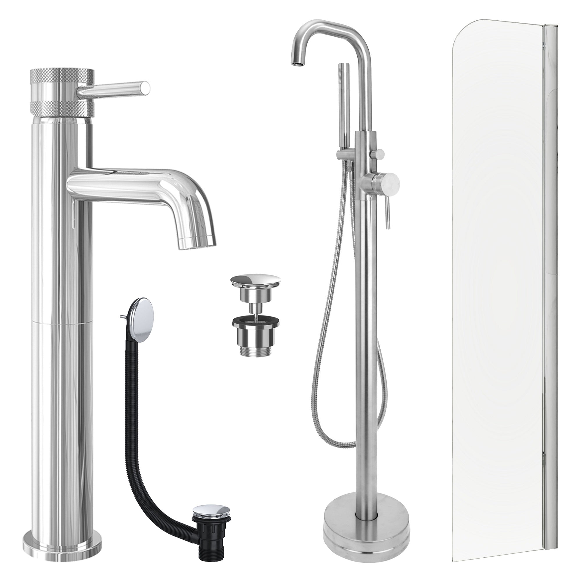 Chrome Tall Basin Mixer Tap, Freestanding Bath Shower Mixer and Universal Basin and Bath Waste and Radius Bath Screen