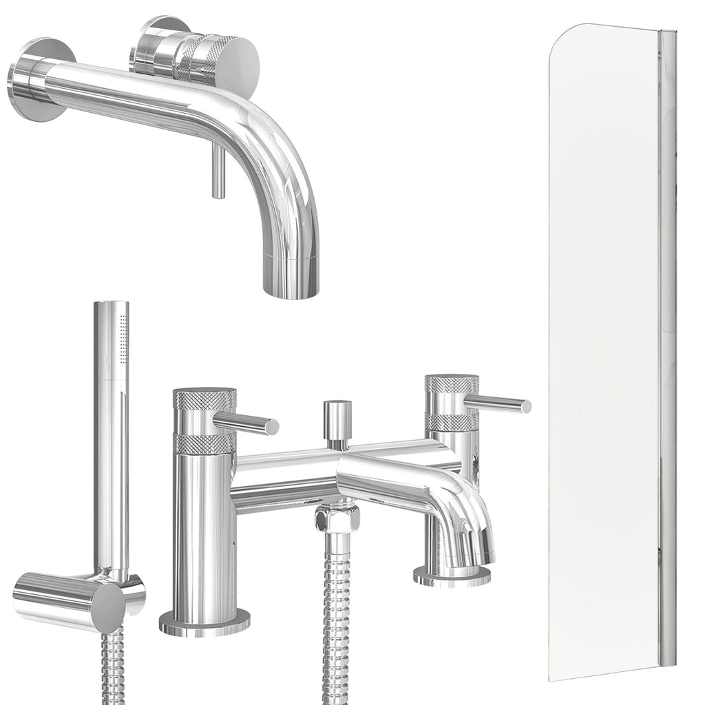 Chrome Wall Mounted Basin Mixer Tap, Bath Shower Mixer and Radius Bath Screen