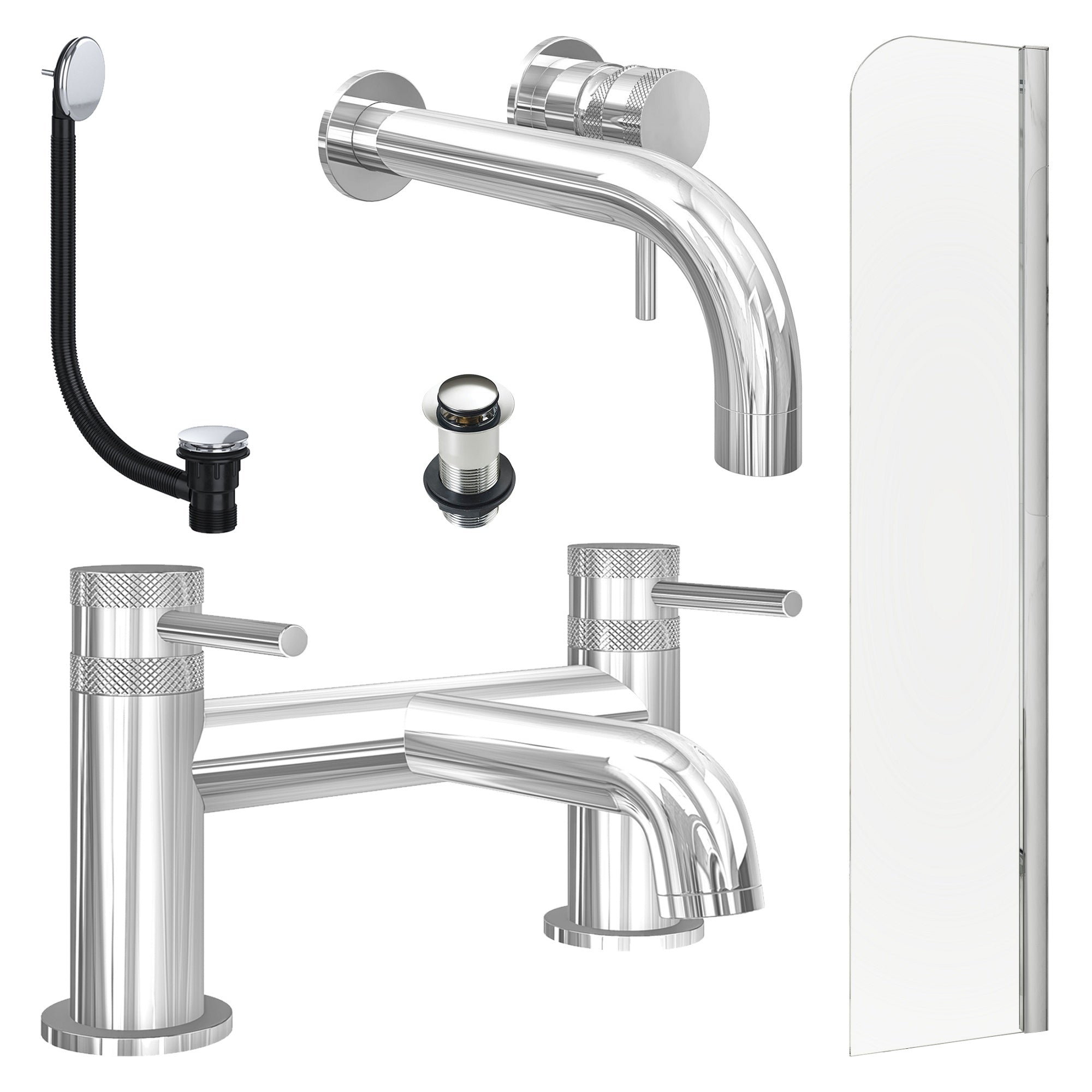 Chrome Wall Mounted Basin Mixer Tap, Bath Filler with Unslotted Basin and Bath Waste and Radius Bath Screen