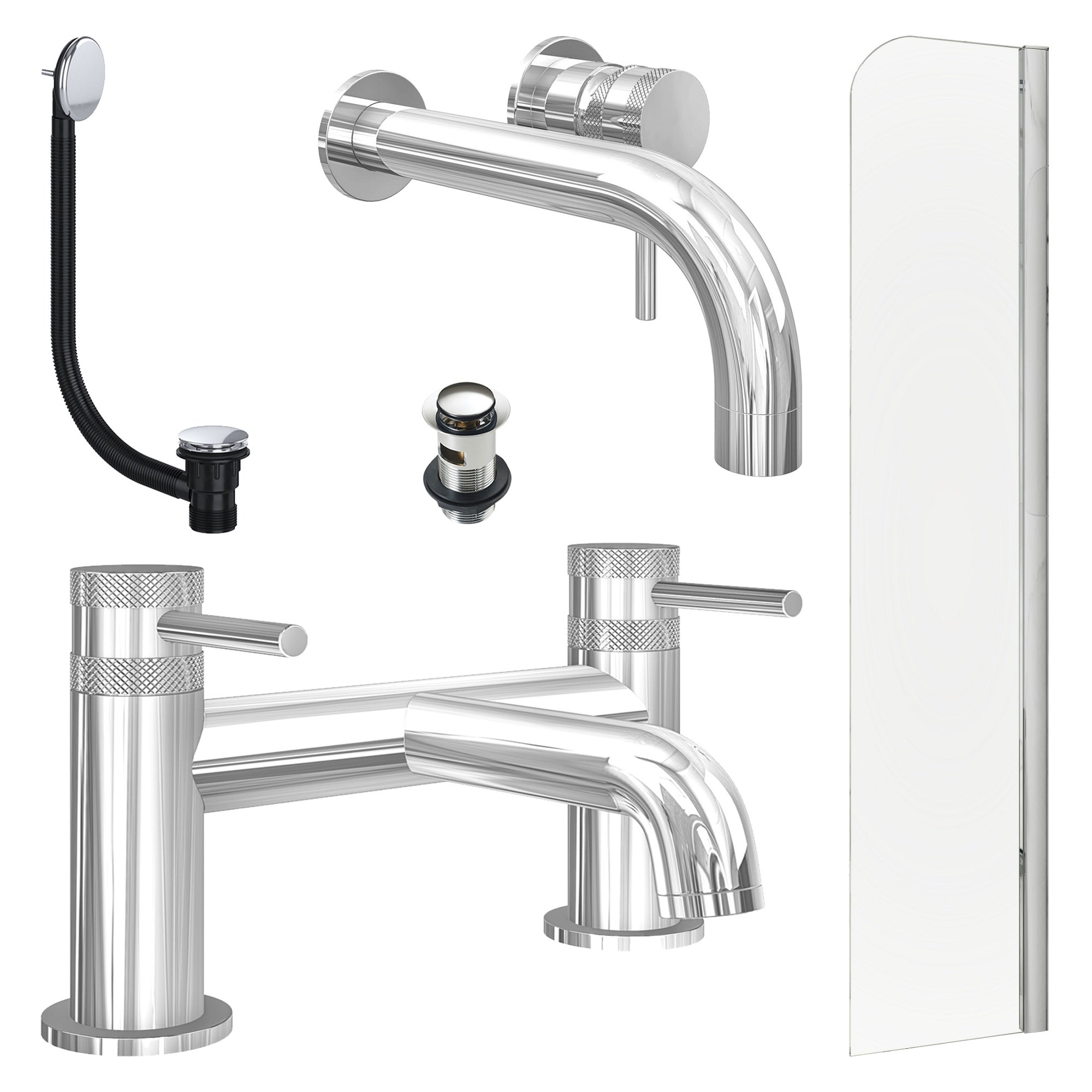 Chrome Wall Mounted Basin Mixer Tap, Bath Filler with Slotted Basin and Bath Waste and Radius Bath Screen