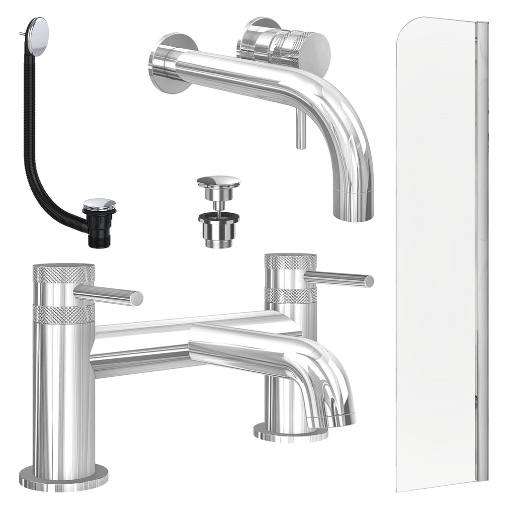 Chrome Wall Mounted Basin Mixer Tap, Bath Filler with Universal Basin and Bath Waste and Radius Bath Screen