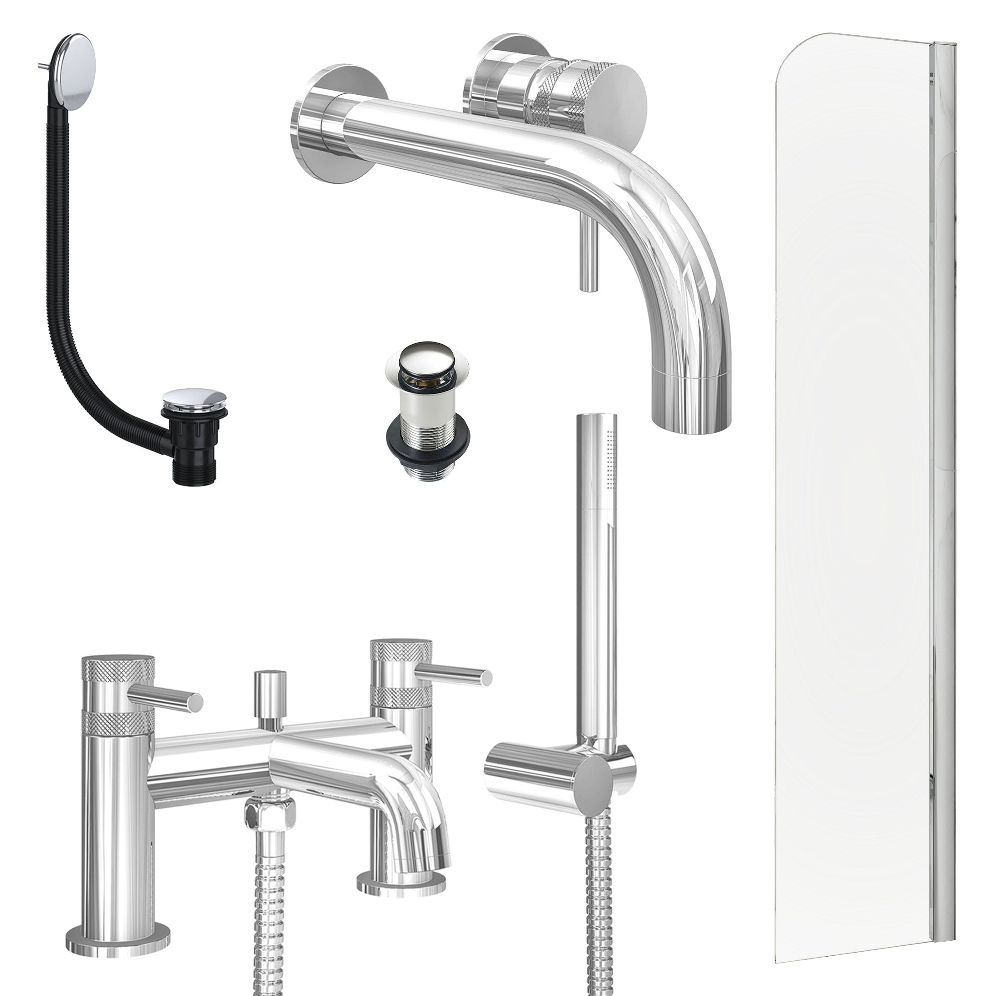 Chrome Wall Mounted Basin Mixer Tap, Bath Shower Mixer with Unslotted Basin and Bath Waste and Radius Bath Screen