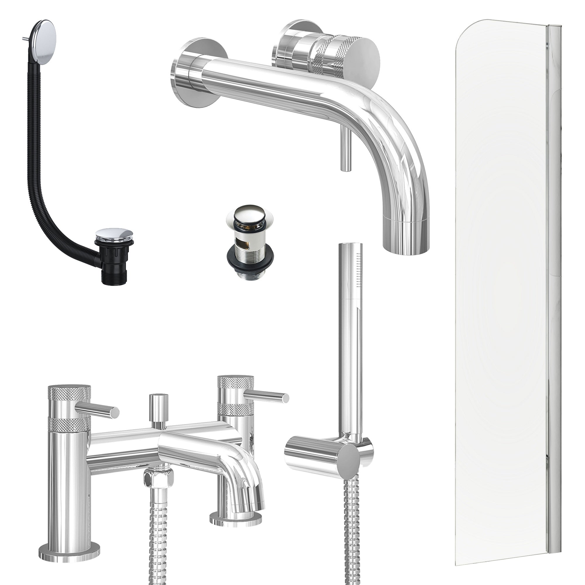 Chrome Wall Mounted Basin Mixer Tap, Bath Shower Mixer with Slotted Basin and Bath Waste and Radius Bath Screen
