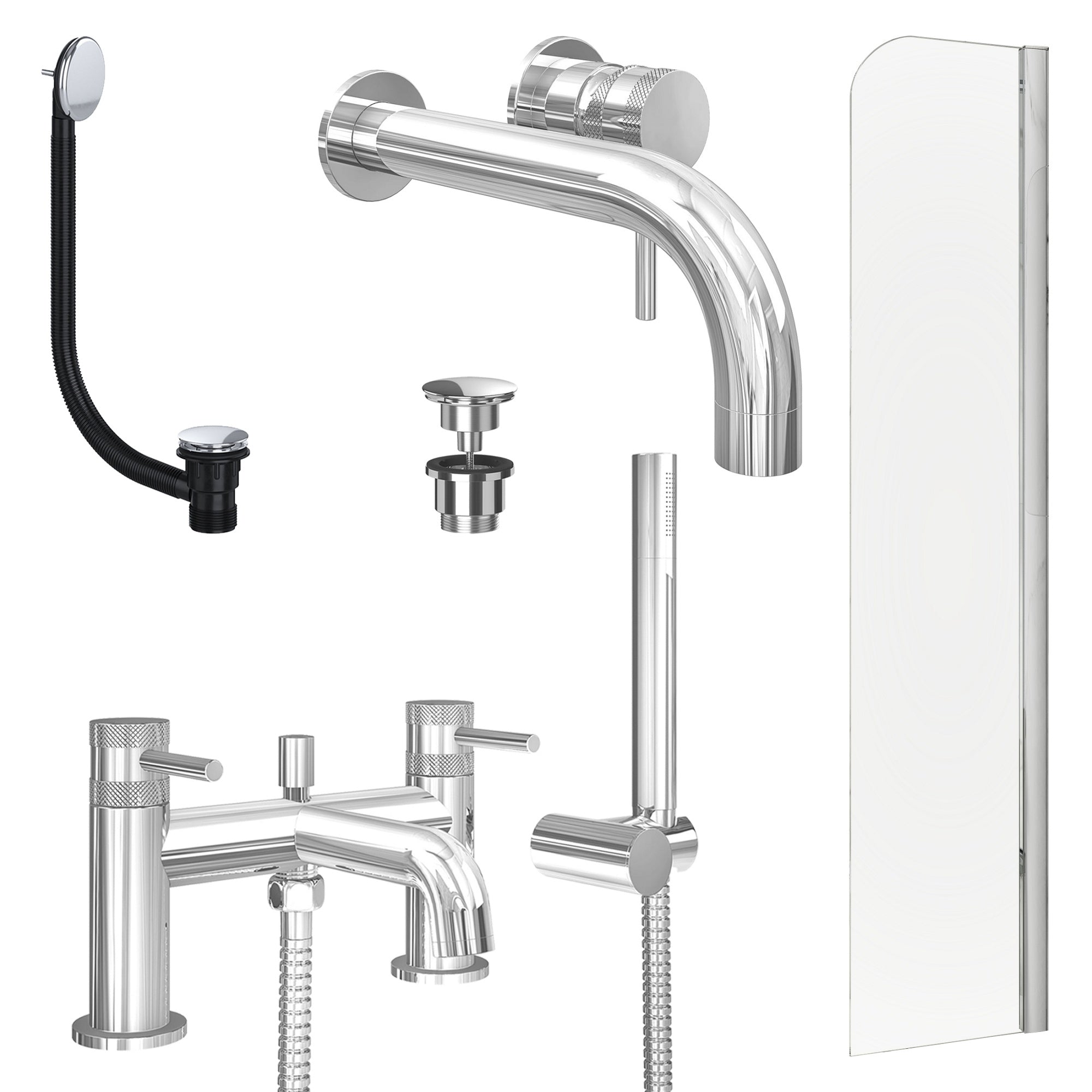 Chrome Wall Mounted Basin Mixer Tap, Bath Shower Mixer with Universal Basin and Bath Waste and Radius Bath Screen