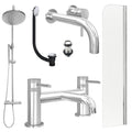 Chrome Wall Mounted Basin Mixer Tap, Bath Filler and Rigid Shower with Unslotted Basin and Bath Waste and Radius Bath Screen